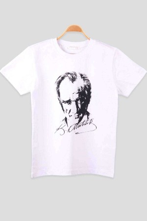 Atatürk ve İmzası Baskılı Yuvarlak Yaka Penye Kadın Beyaz T-shirt